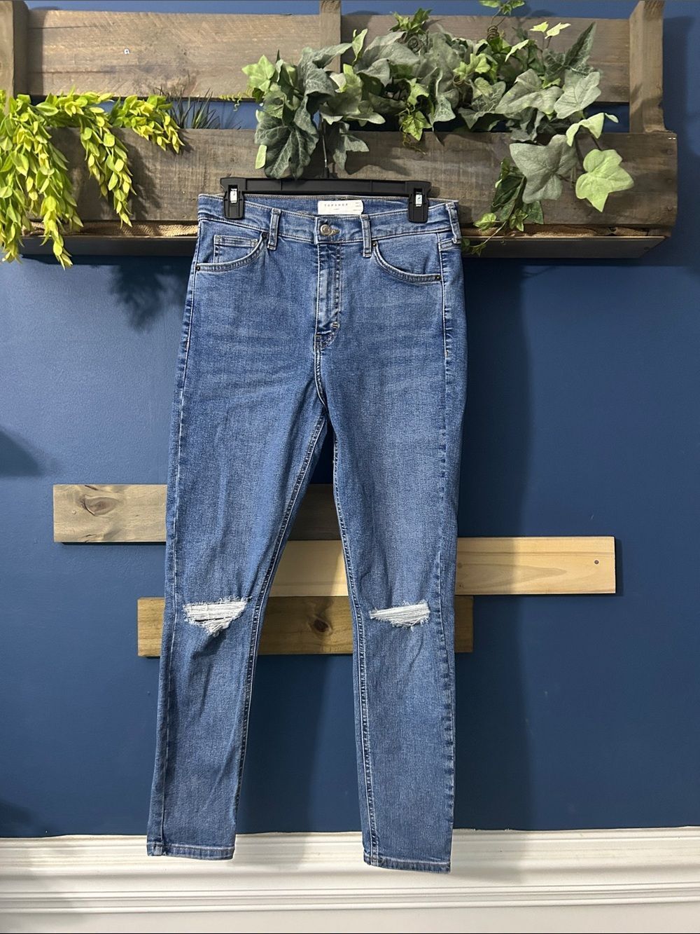 Topshop Medium Blue Ripped High-Rise Skinny Jeans 30